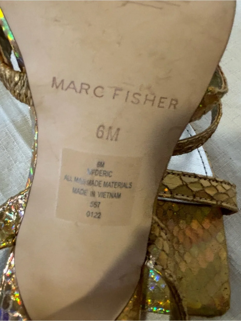 Marc Fisher Gold Holographic Strappy Heels Size 6M Square Toe Sandals